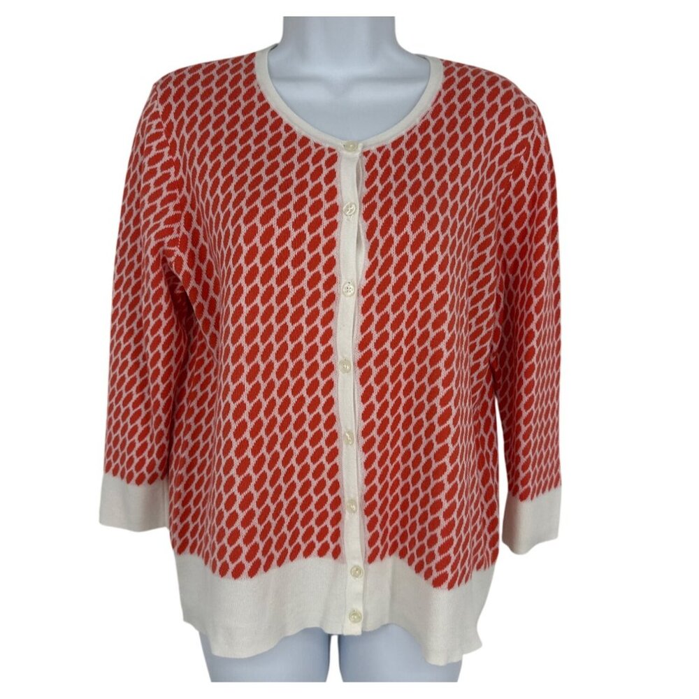 Ann Taylor Womens Coral & White Patterned Button-Up Cardigan Sweater L